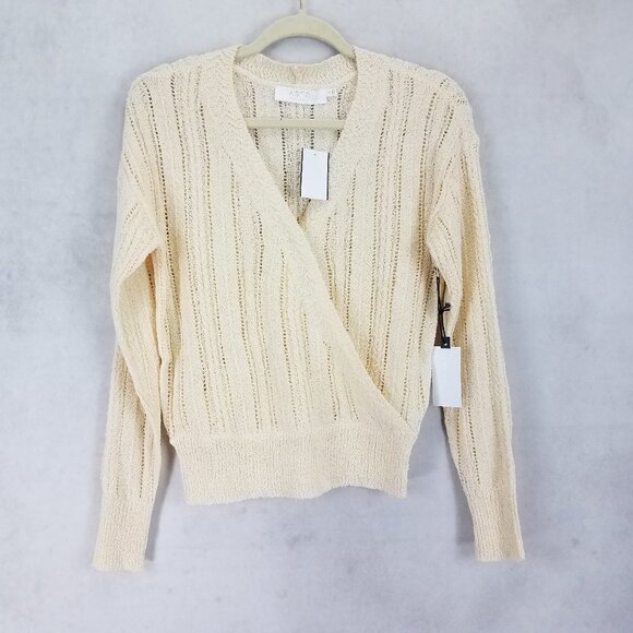 NEW ASTR XS Faux Wrap V-neck Pointelle Knit Pullover Sweater in Beige Cream - Picture 2 of 10